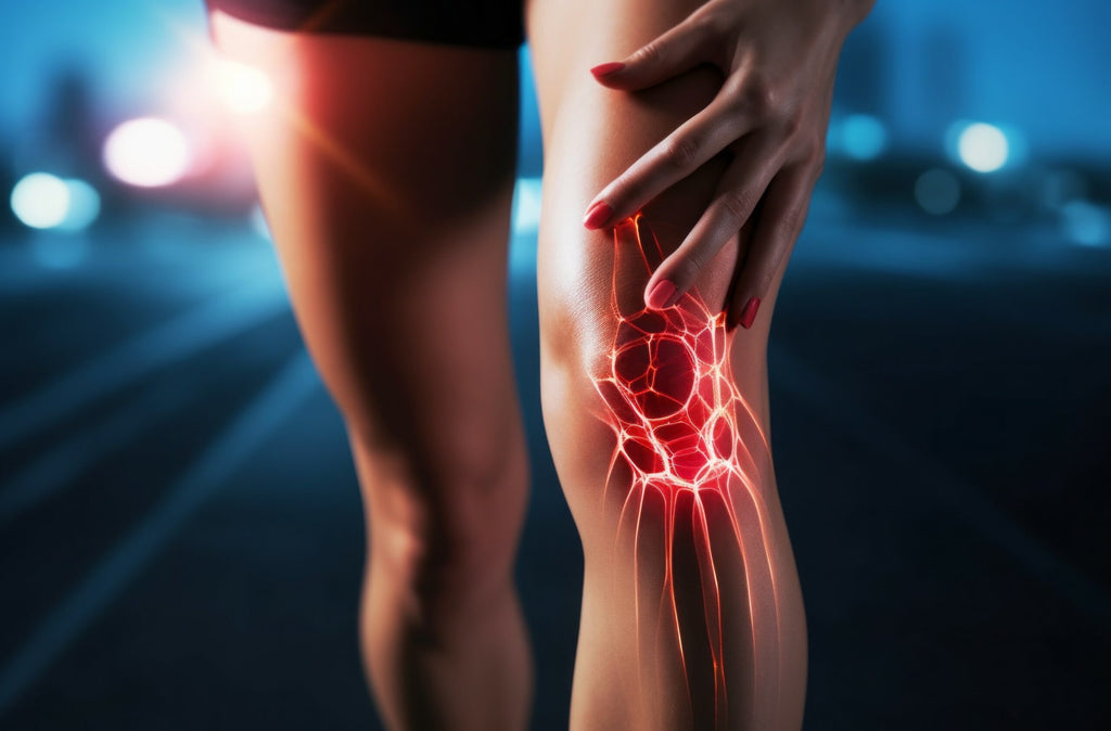 Close-up of a woman's leg with an illuminated graphic representation of knee pain.