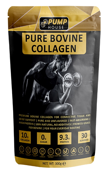 Packaging of Pump House Pure Bovine Collagen featuring a fitness model lifting weights.