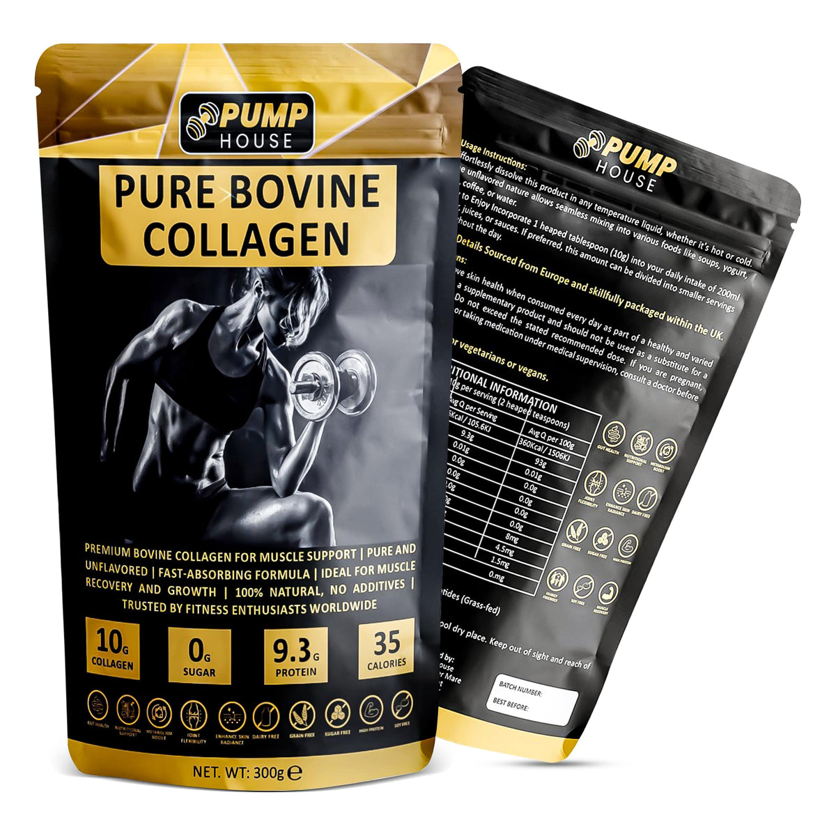 Pump House Pure Bovine Collagen Powder 300g tub, front of pack